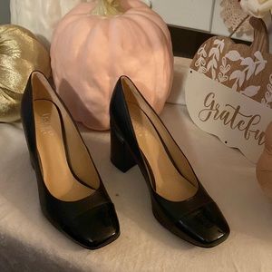 Franco Sarto Square Heel Square Toed black leather with Paten leather toe heels